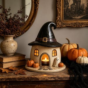 May include: A ceramic tea light holder shaped like a house with a black witch hat roof, featuring a central arched doorway, two small windows, a ghost figurine, and three orange pumpkins on a round base, illuminated by a glowing candle.