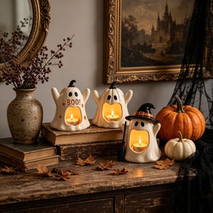 May include: Three white ceramic ghost tea light holders with hollowed-out mouths. Two ghosts have simple expressions, while one wears a black witch hat and holds a broom. Each contains a lit tea light candle, creating a warm, glowing effect.