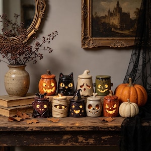 May include: A collection of ten ceramic Halloween-themed jars with lids, each featuring a unique character design including a pumpkin, black cat, ghost, Frankenstein, vampire, mummy, witch, and skull, all illuminated from within by warm light.