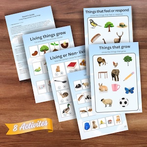 Op de afbeelding: Een set educatieve werkbladen met de titels Parent's Guide, Living things grow, Living or Non-living, Things that feel or respond en Things that grow. De pagina's bevatten illustraties van dieren, planten en objecten met instructies om te omcirkelen, aan te vinken of uit te knippen en op te plakken.