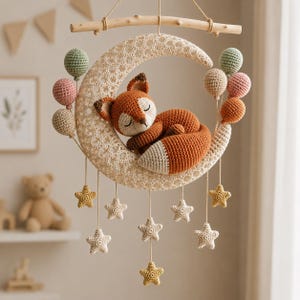 Virkmönster för mobil med måne och sovande räv i PDF-format | Handledning för amigurumi-mobil för barn | Direkt nedladdning