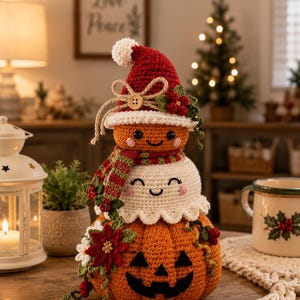 May include: A three-tiered crochet figure featuring a bottom orange pumpkin with a jack-o'-lantern face, a middle white ghost with a smiling face, and a top orange head wearing a red Santa hat with a white pom-pom, a jute bow, and holly.