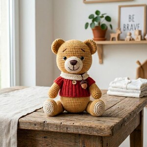 May include: A crocheted teddy bear with golden-brown yarn, wearing a red ribbed sweater with a single wooden button and a cream-colored collar. The bear features a small brown crocheted acorn accessory attached to the collar and has light cream-colored circular patches on its paws.