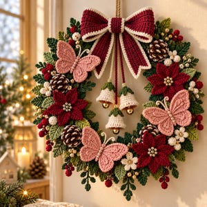 Crochet Christmas Wreath Pattern PDF, Poinsettia Pink Butterfly Wreath with Bow and Bells, Pinecones Berries, Holiday Wall Decor