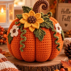 Puede incluir: Una calabaza redonda de ganchillo naranja con un tallo marrón rizado, un gran girasol amarillo con centro marrón, hojas de ganchillo verdes y pequeñas flores blancas con centros marrones unidas a la parte superior de la calabaza.