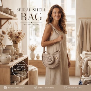 May include: A beige crochet bag with a spiral shell design on the front, featuring a long shoulder strap. The image includes text that reads Spiral Shell Bag Crochet Pattern, PDF Pattern Instant Download Easy to Follow, Beginner Friendly, Step by Step Guide, and Made with Love.