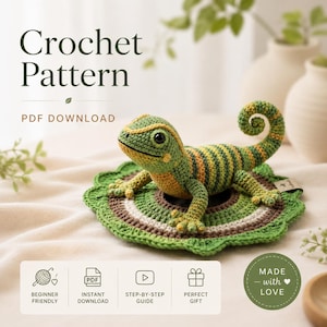 May include: A crochet pattern PDF download featuring a green and yellow striped lizard toy with a curled tail, resting on a circular, scalloped, multi-colored crochet mat. The text reads Crochet Pattern, PDF DOWNLOAD, BEGINNER FRIENDLY, INSTANT DOWNLOAD, STEP-BY-STEP GUIDE, PERFECT GIFT, and MADE with LOVE.