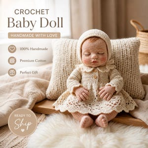 May include: A crochet baby doll with a light skin tone, wearing a cream-colored bonnet and a matching long-sleeved dress with a scalloped hem and two small wooden buttons on the front. The doll has closed eyes and rosy cheeks, resting against a textured cream-colored pillow.