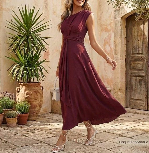 burgundy tie waist dress Tie-Waist Midi Dress, Sleeveless A-Line Elegant Vacation Outfit Stylist Q