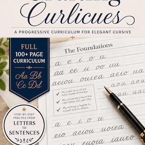 Pode incluir: Um pacote de exercícios imprimível intitulado Crafting Curlicues, um currículo progressivo para escrita cursiva elegante. O documento contém mais de 100 páginas de exercícios, combinações de vogais e uma caneta-tinteiro sobre o papel pautado.