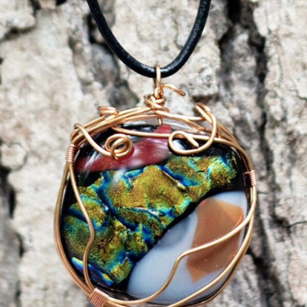 Copper wire wrapped round dichroic glass Pendant