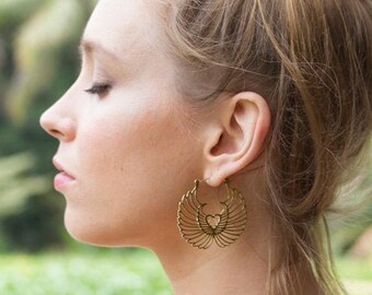 Wings of love earrings, brass heart and wings hoop earrings, winged heart, tribal earrings, brass angel wing earrings
