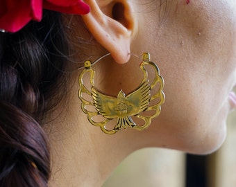Golden eagle earrings brass tribal earrings golden thunder bird earrings thunder bird hoop earrings