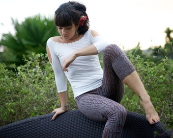 Bark print organic leggings, grey with brown bark print, active wear, tribal clothing, yoga tights
