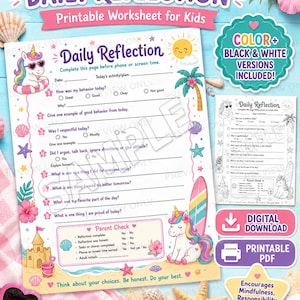 Kids Daily Behavior Reflection Page Printable | Screen Time Reward | Unicorn Theme | Instant Download PDF