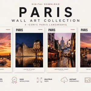 Könnte beinhalten: Eine digitale Wandkunst-Kollektion mit vier vertikalen Drucken von Pariser Wahrzeichen: Eiffelturm bei Sonnenuntergang, Louvre-Pyramide bei Nacht, eine Straße in Montmartre und die Seine mit Brücken. Der Text lautet PARIS WALL ART COLLECTION.