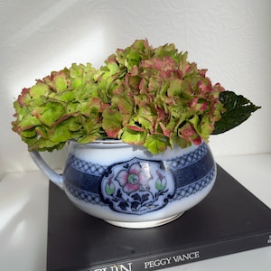 May include: A white ceramic bowl with a blue patterned band and a central floral motif filled with green and pink hydrangea blossoms. The bowl rests on a black book with the white text GAUGUIN PEGGY VANCE printed on the front cover.
