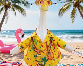 23''Goose Outfit for Summer Vacation, Hawaiian Shirt + Straw Hat + Necklace + Sunglasses, Yard Decor Accessories, Party Porch Goose Set