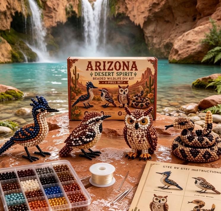Arizona Desert 3D Beaded Wildlife DIY Kit, Roadrunner Owl Rattlesnake Bead Craft, Southwest Handmade