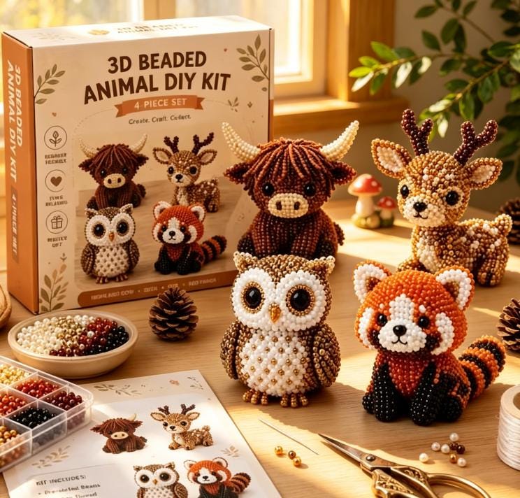 3D Beaded Woodland Animal DIY Kit, Wildlife Bead Craft Set Makes Highland Cow, Deer, Owl & Red P