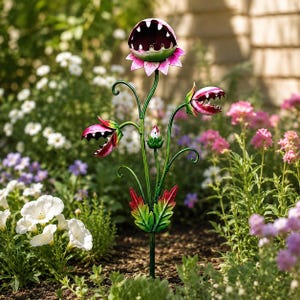 Pink Metal Venus Flytrap Garden Stake, Whimsical Carnivorous Flower Decor