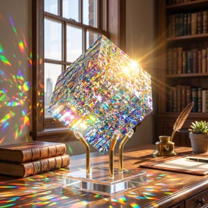 Puede incluir: Una escultura de cubo de cristal con múltiples facetas y acabado prismático que refracta la luz en vibrantes patrones de arcoíris. El cubo se apoya en un soporte de metal dorado de tres puntas, montado sobre una base cuadrada transparente.