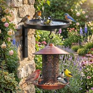 May include: A black metal wall-mounted bird bath with a circular basin and a hanging copper-colored metal bird feeder featuring an intricate cutout pattern, a conical roof, and a circular tray base, occupied by several small colorful birds.