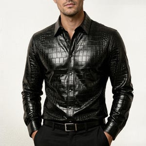Chemise en cuir noir à motif crocodile pour homme, veste en cuir véritable boutonnée faite main, streetwear de créateur