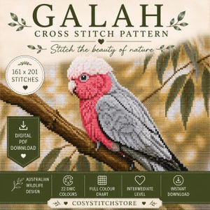 May include: A digital cross stitch pattern featuring a Galah bird with pink and grey feathers perched on a brown branch. The text reads GALAH CROSS STITCH PATTERN, Stitch the beauty of nature, 161 x 201 STITCHES, DIGITAL PDF DOWNLOAD, and COSYSTITCHSTORE.