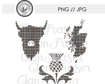 Tartan Clan Fraser Outlander Plaid Scotland Thistle Highland Cow File / JPG + PNG print file clip art Silhouette Cricut Cutting Machine
