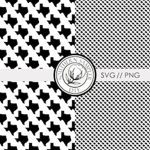 May include: Black and white seamless pattern featuring a Texas state outline in a houndstooth design. The pattern is repeated on the left side of the image. The right side of the image features a black and white gingham pattern. A circular logo with the text "Southern Sampler DIY" and a cotton boll graphic is in the center of the image. The text "SVG/PNG" is also included in the image.