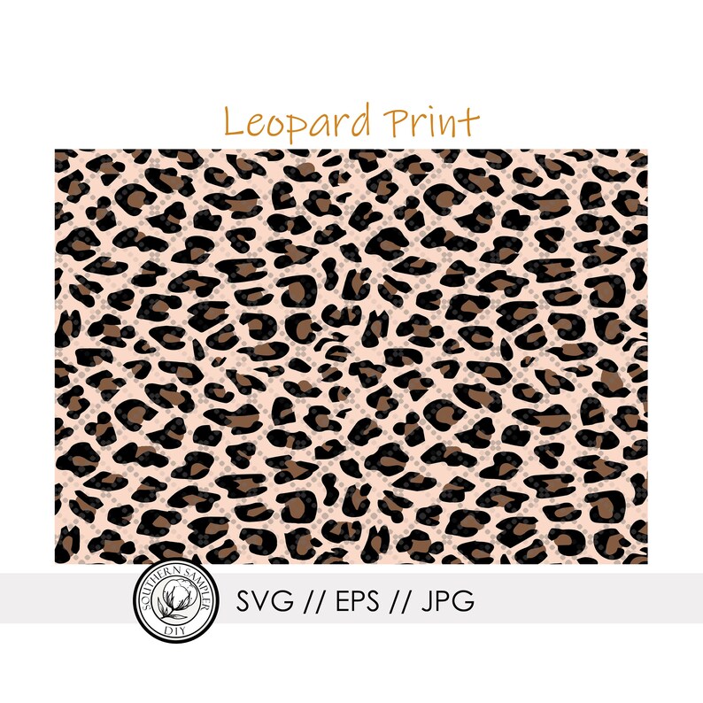 May include: A digital download of a leopard print pattern in brown, black, and pink. The pattern is seamless and can be used for a variety of projects, including fabric, wallpaper, and digital designs. The text "SVG // EPS // JPG" is included in the image.