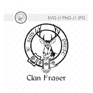 以下が含まれることがあります： 鹿の角を持つ鹿、バックル付きのベルト、そして「Je Suis Preste」と「Clan Fraser」の文字が書かれた、黒と白のクラン紋章のイラストです。