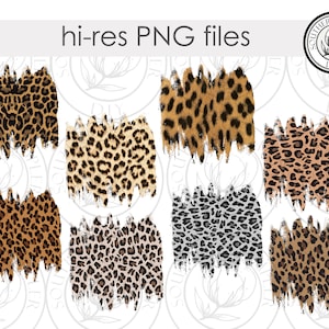 Op de afbeelding: Set van acht digitale clipart-afbeeldingen met luipaardprintpatronen in verschillende kleurcombinaties. De patronen zijn in een distressed, penseelstreep-stijl. De tekst "hi-res PNG files" staat bovenaan de afbeelding.