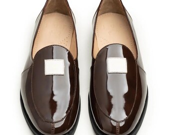Chaussures en cuir faites main, mocassins marron brillant