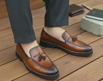 Handmade Leather Tassel Loafers for Men