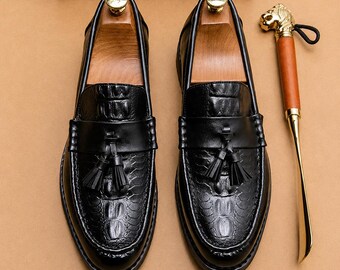 Handmade Crocodile Embossed Leather Tassel Loafers for Men