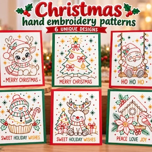 Julbroderimönster för hand | 6 broderikort för högtider | Julkortsmönster | Gör-det-själv broderade kort | Utskrivbart pyssel