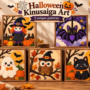 Könnte beinhalten: Fünf quadratische, gerahmte Kinusaiga-Kunstwerke mit Halloween-Motiven, darunter eine Hexe, eine Fledermaus, ein Geist, eine Eule und eine schwarze Katze. Der Text oben lautet Halloween Kinusaiga Art 5 unique patterns.