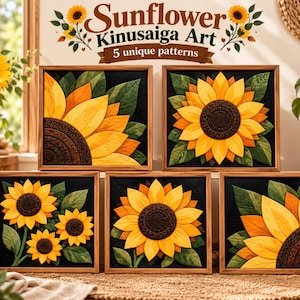 May include: Five square wooden frames containing Kinusaiga art featuring sunflower designs. Each piece displays fabric petals in shades of yellow and orange with green leaves against a black background. The text Sunflower Kinusaiga Art 5 unique patterns is visible at the top.