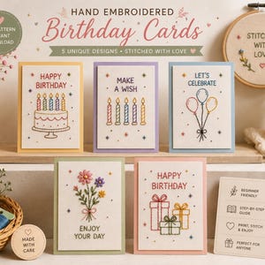 Puede incluir: Cinco tarjetas de cumpleaños bordadas a mano con diseños coloridos de pasteles, velas, globos, flores y regalos. Las tarjetas incluyen textos como Happy Birthday, Make a Wish, Let's Celebrate y Enjoy Your Day, presentadas como un patrón.