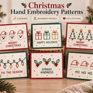 Puede incluir: Seis tarjetas de felicitación blancas con patrones de bordado a mano navideños. Los diseños incluyen caras de Santa, regalos, árboles de Navidad, luces, acebo y gorros de Santa con textos como Merry Christmas, Happy Holidays y Ho Ho Ho.