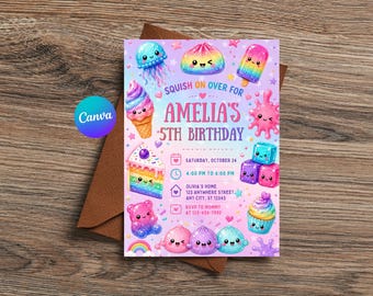 Squishy Birthday Invitation, Kawaii Squish Party Invite, Birthday Girl Invitation, Cute Rainbow Birthday, Editable Canva Template