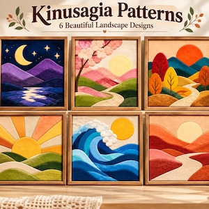 May include: Six square framed fabric art pieces titled Kinusagia Patterns 6 Beautiful Landscape Designs. The scenes depict a night mountain landscape, a cherry blossom path, autumn trees, a sunrise over hills, a large ocean wave, and desert dunes.