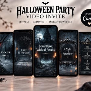 May include: Five smartphones displaying a Halloween party video invitation template with dark, gothic imagery including a haunted mansion, a full moon, and ornate frames. The screens feature text such as Join Us For A, Enter If You Dare, Something Wicked Awaits, A Night To Remember, and The Details.