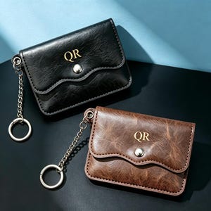 May include: Two rectangular key pouches, one black and one brown, featuring a textured finish, a silver-toned snap button closure, and a metal chain with a circular key ring attached to the side. Each pouch displays the gold-colored letters QR.