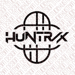 Könnte beinhalten: Schwarz-weißes Logo-Design mit dem Wort "HUNTRX" in einer fetten, serifenlosen Schrift. Der Text ist von einer geometrischen Form aus sich kreuzenden Linien und Kurven umgeben, was ein modernes Design ergibt.