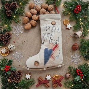 May include: A cream-colored fabric stocking shaped like an ice skate with a wooden blade. The stocking features the text "Happy New Year!" and two fabric heart appliques in blue and plaid. It is decorated with small wooden buttons.