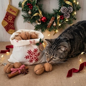 Puede incluir: Una bolsa de tela color crema con cordón y estampado de copo de nieve rojo, llena de nueces enteras. Un gato atigrado se sienta junto a la bolsa, decorada con una pequeña etiqueta de madera. La escena incluye una corona navideña y un calcetín con el nombre Mimi.