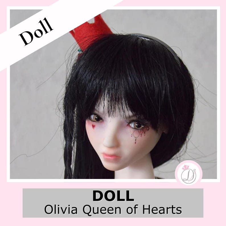 May include: A doll with black hair, red heart-shaped accents on the cheeks, and a red crown. The doll's face is pale with detailed makeup. The text "DOLL Olivia Queen of Hearts" is displayed at the bottom of the image.